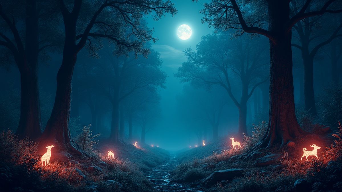 Bosque mágico iluminado por la luz de la luna