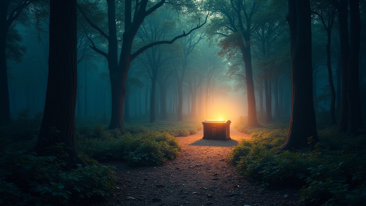 Camino iluminado en el bosque hacia un cofre del tesoro mágico