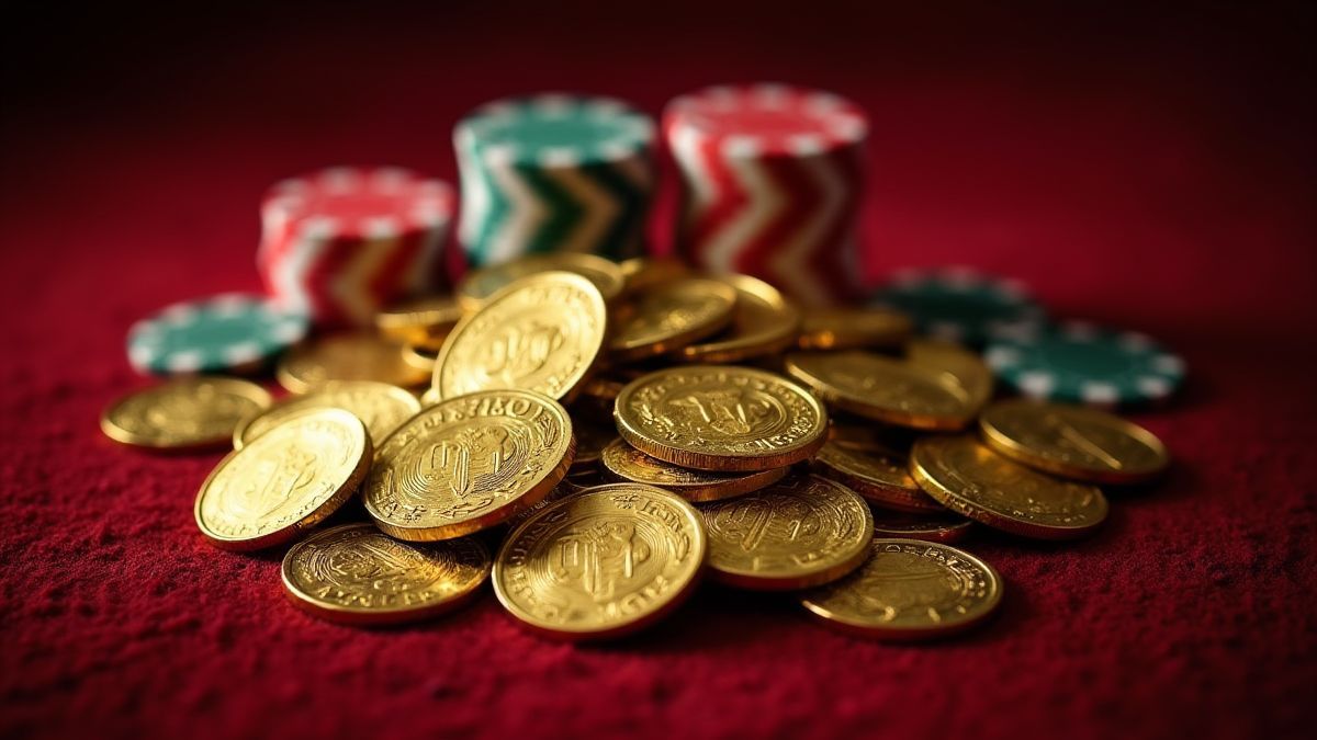 Montão de moedas douradas e fichas de cassino sobre uma mesa de terciopelo.