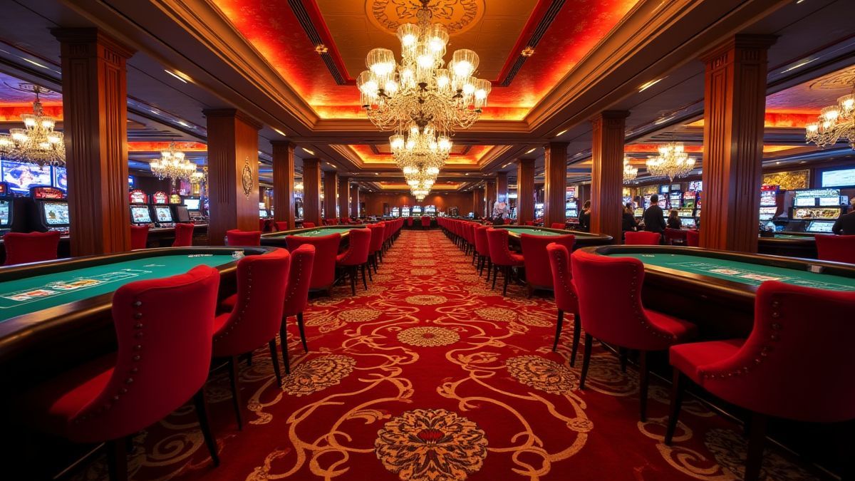 Sala de cassino luxuosa com lâmpadas de cristais e cadeiras de veludo.