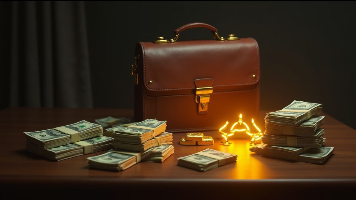 Montones de dinero y barras de oro sobre una mesa.