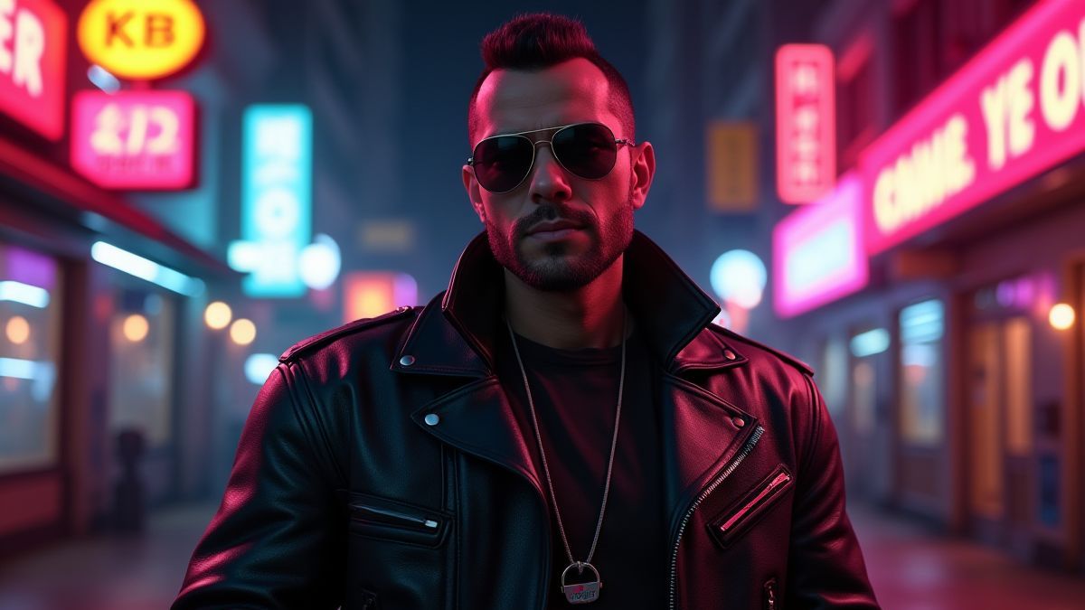 Un personaje estilo gánster moderno bajo luces de neón.
