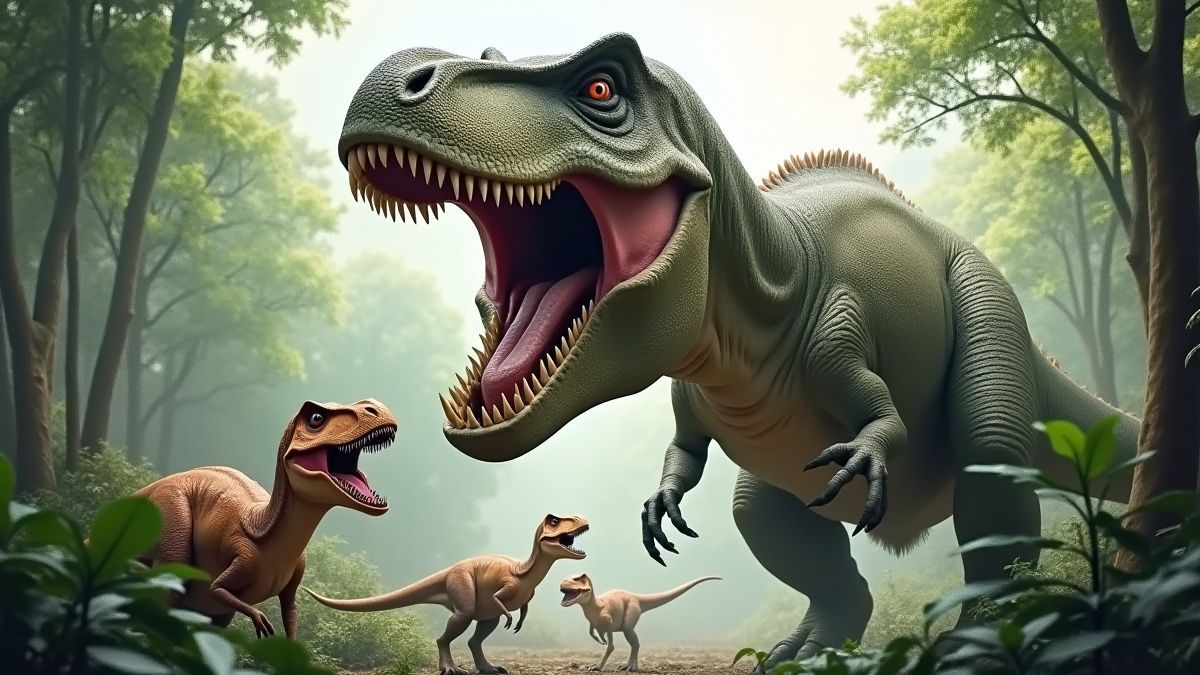 Un T-Rex rugiendo entre otros dinosaurios en la jungla.