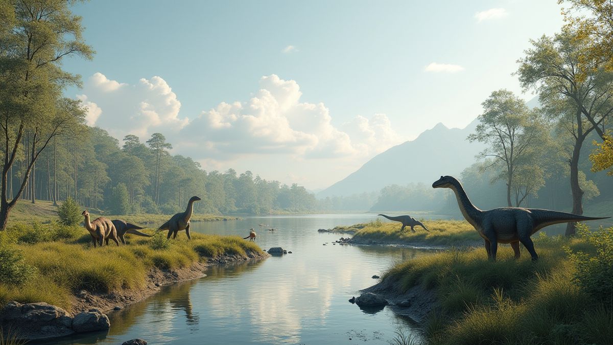 Un paisaje prehistórico con dinosaurios cerca de un río.