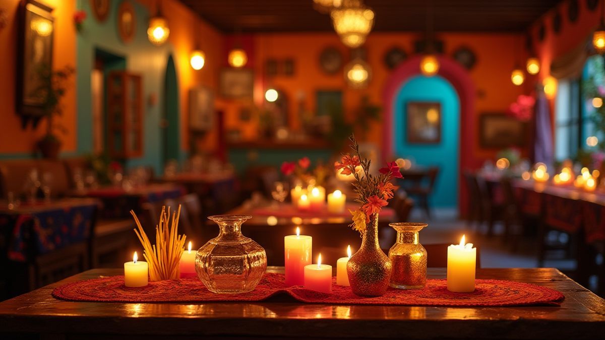 Mexican tavern decorated with candles and traditional ornaments.