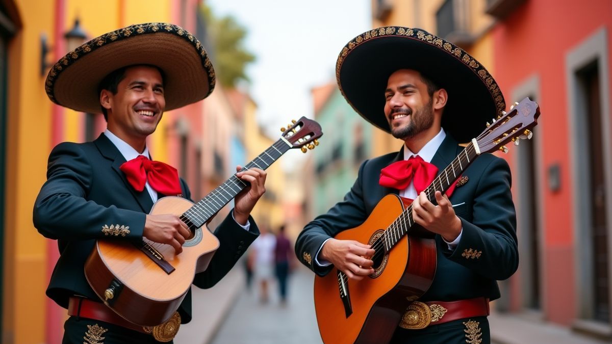 Mariachis playing music in a vibrant Mexican street.