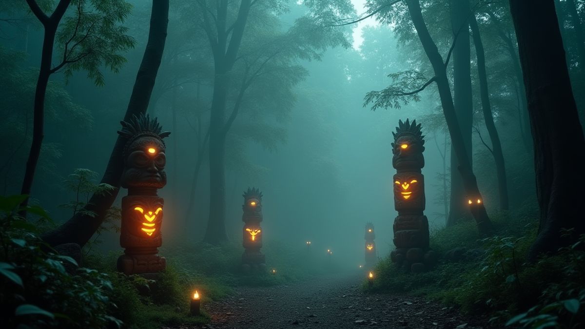 Una selva llena de totems luminosos y máscaras tribales.