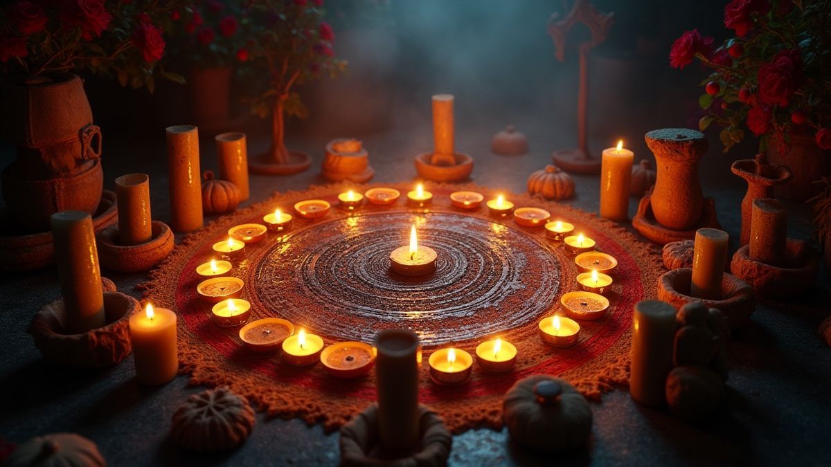 Un círculo ritual brillante rodeado de velas y objetos místicos.