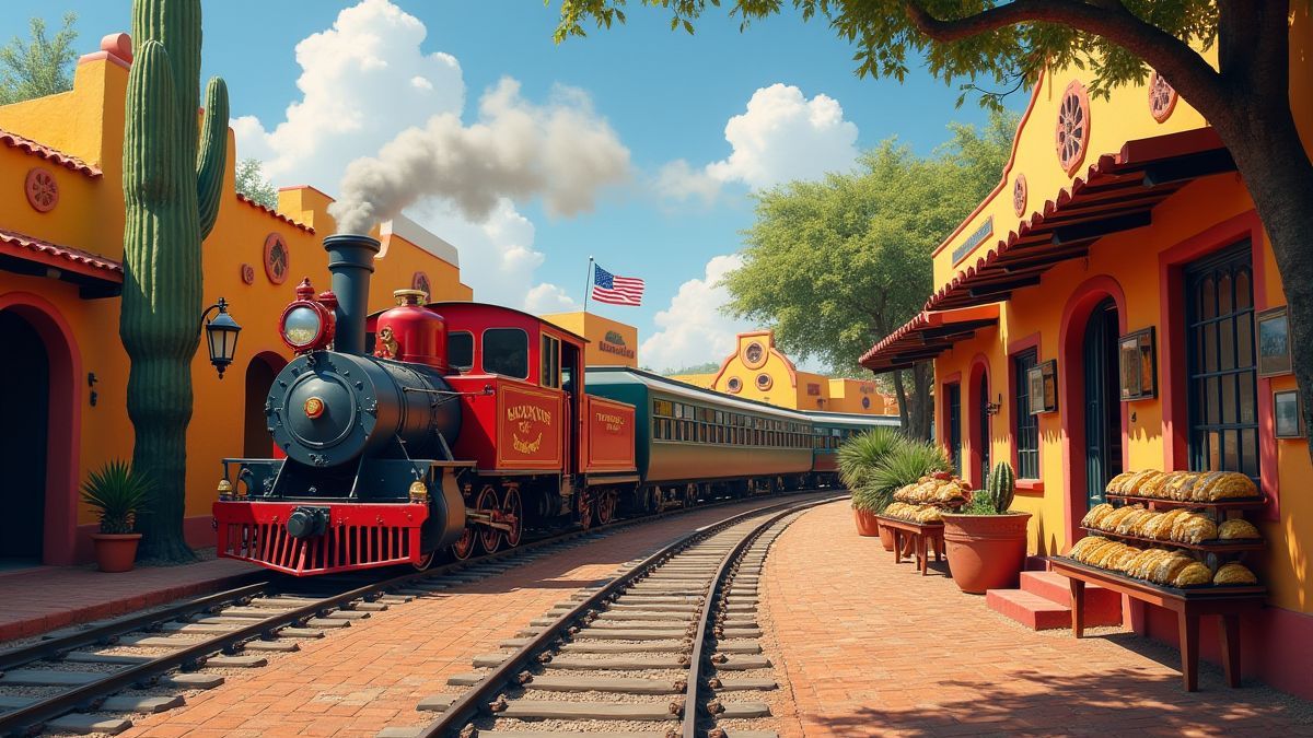 Ein mexikanisches Dorf mit Zügen und bunten Tacos.