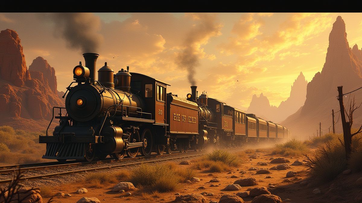 Szene der Goldgräberzeit mit Zügen voller Schätze.