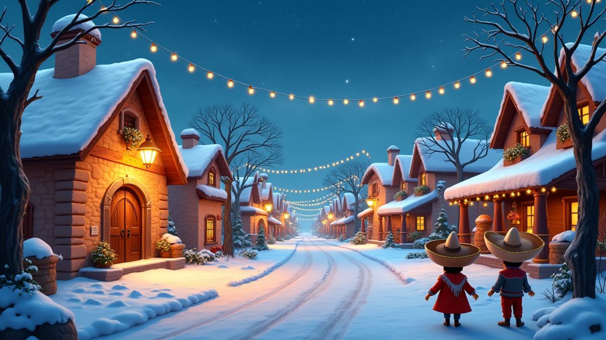 Un pueblo mexicain enneigé avec des lumières festives et des personnages animés avec des sombreros.