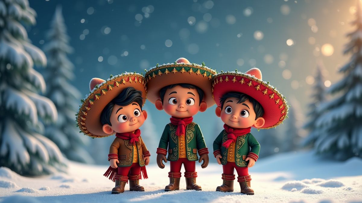 Trois frères mexicains animés en costumes festifs devant un paysage de Noël enneigé.