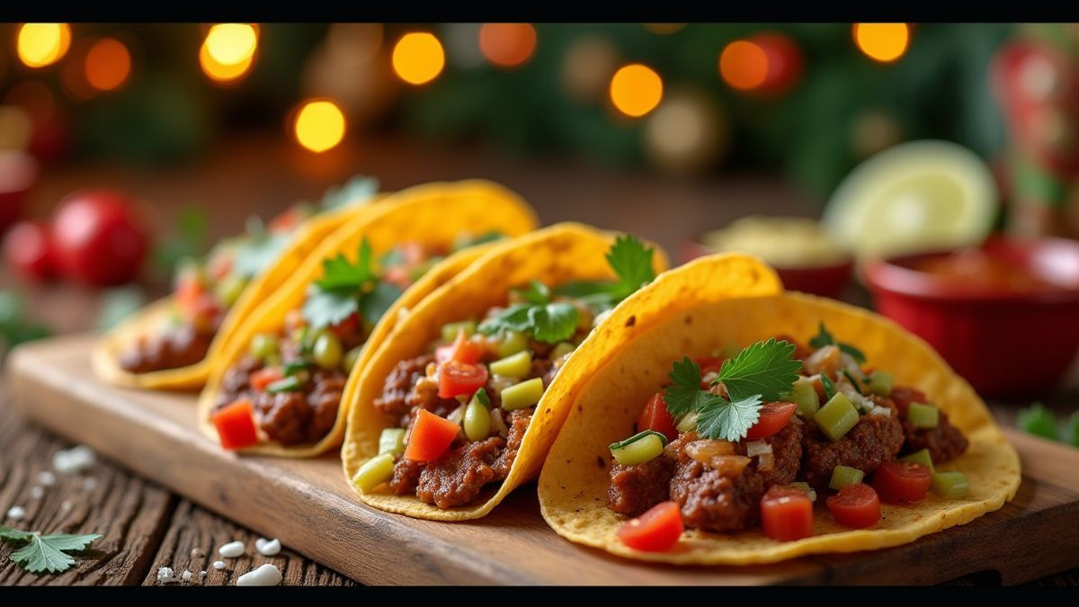 Un festin de tacos colorés avec des décorations de Noël en arrière-plan.