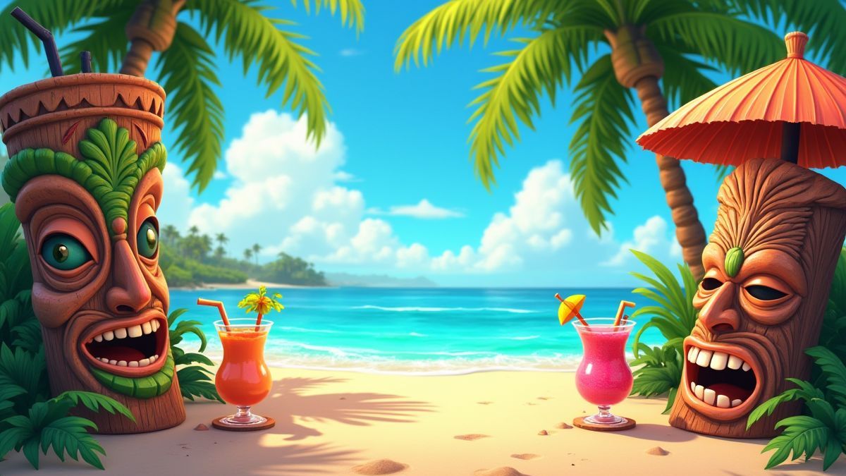 Uma praia tropical com máscaras tiki e coquetéis vibrantes.