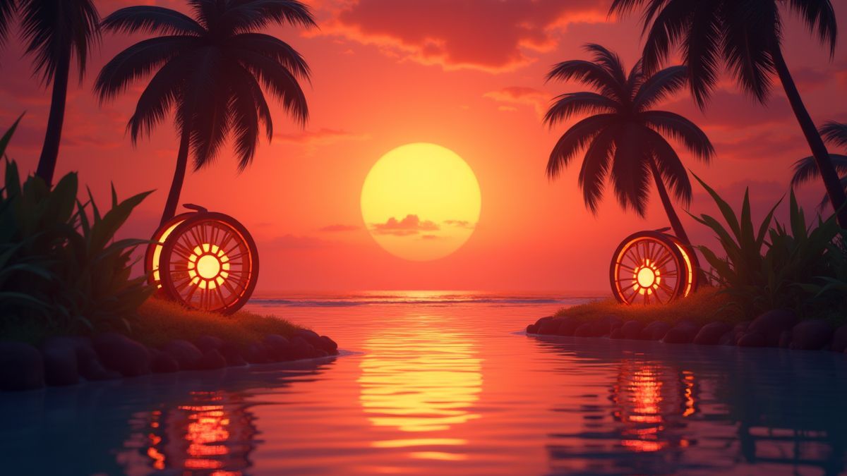 Um pôr do sol tropical com rolos brilhantes ao fundo.