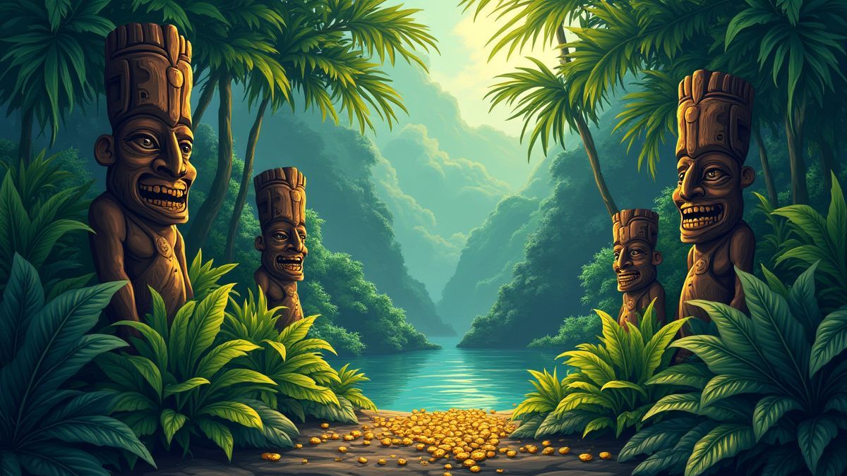 Tropische jungle met tiki-standbeelden en verborgen gouden schatten.