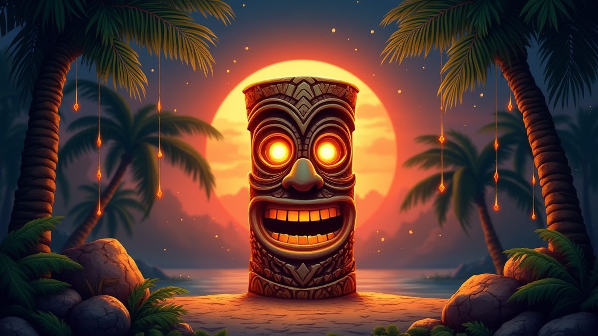 Stralend tiki-oog omringd door watervallende symbolen op een tropische achtergrond.