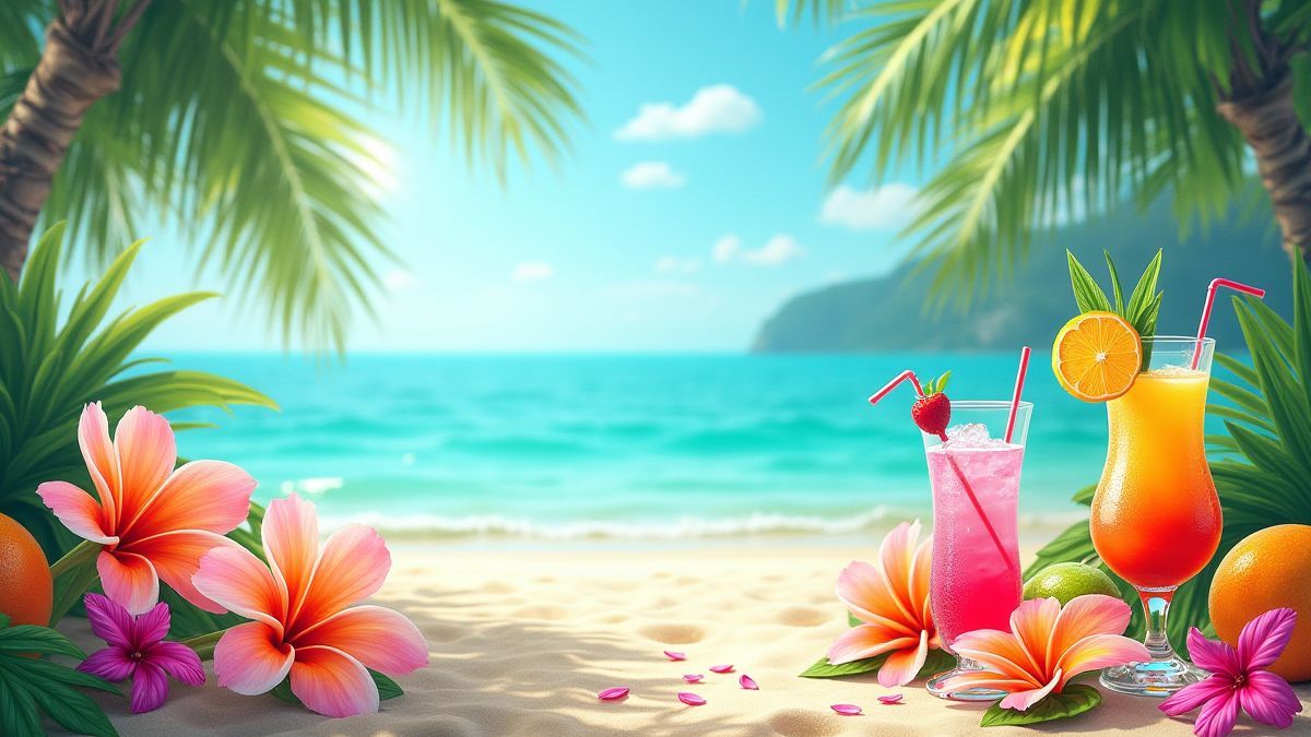 Tropical beach with exotic flowers and colorful cocktails.