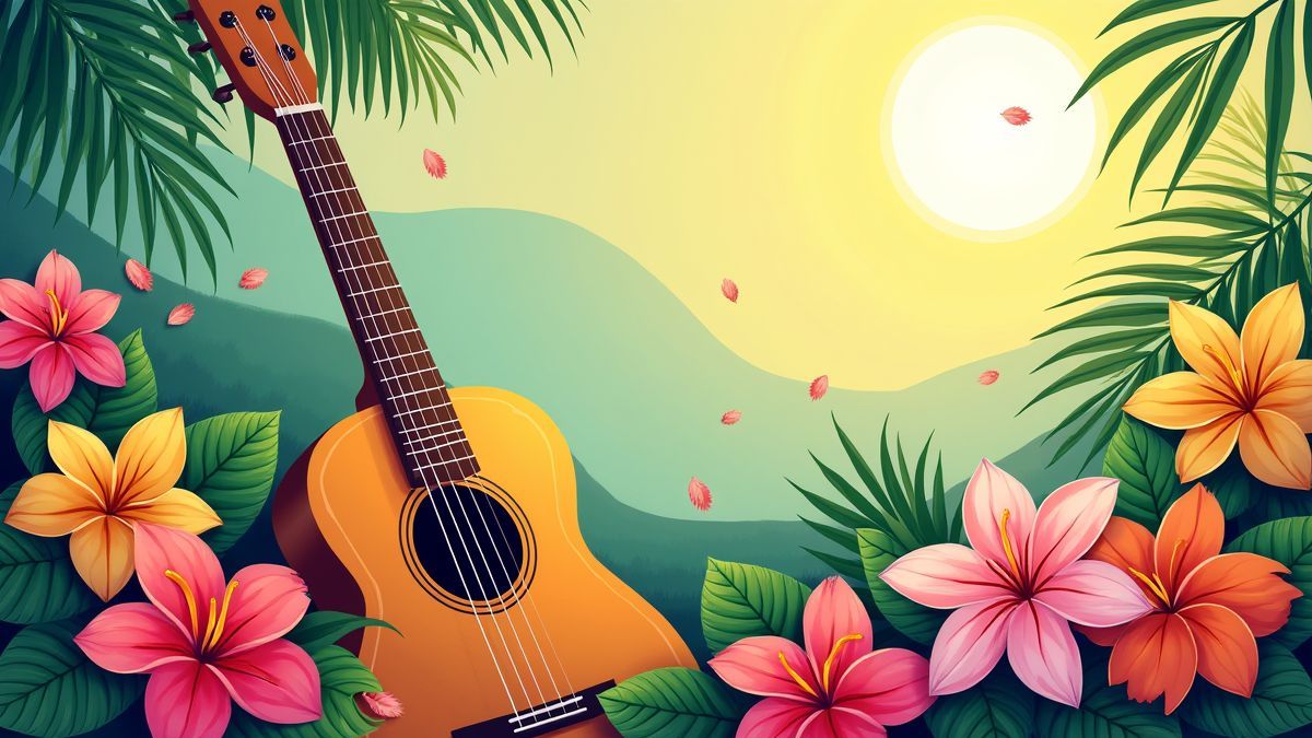 Tropical guitar surrounded by vibrant flowers and sunlight.