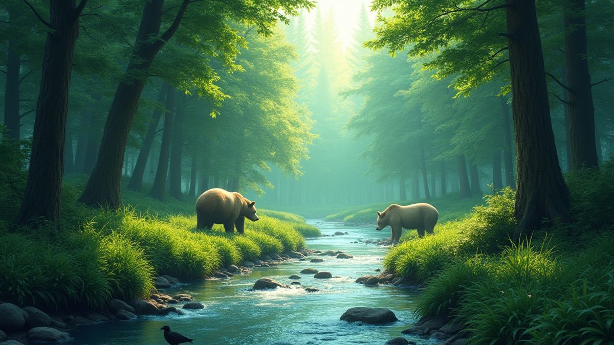 Een groen bos met een rivier en dieren zoals beren en vogels.