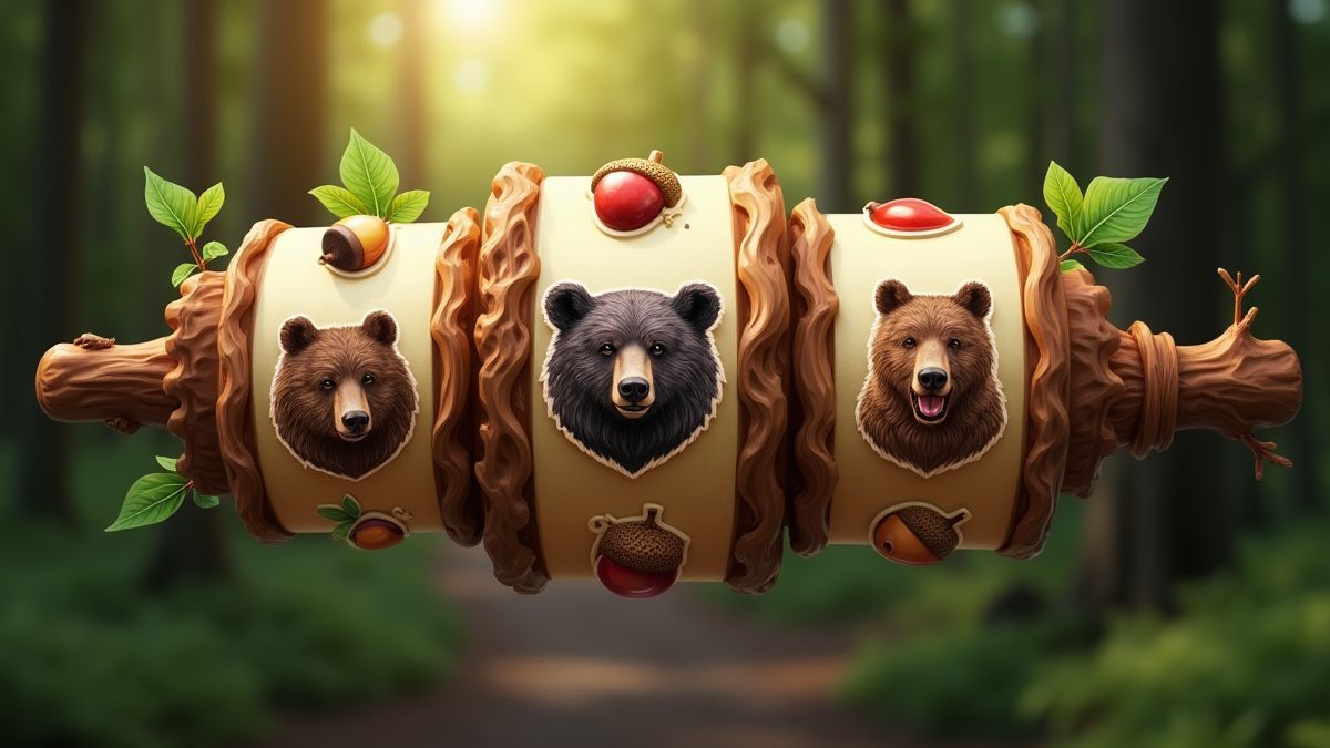 Rollen draaien met bos-thema symbolen zoals beren en eikels.