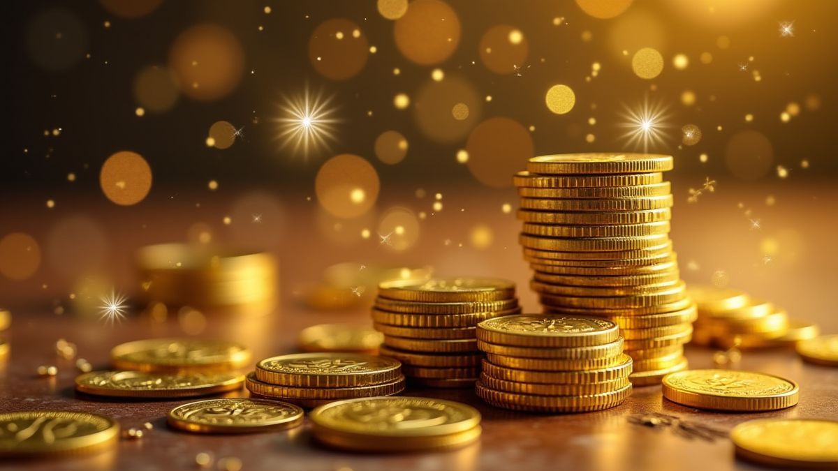 Hopen gouden munten met een feestelijke achtergrond.