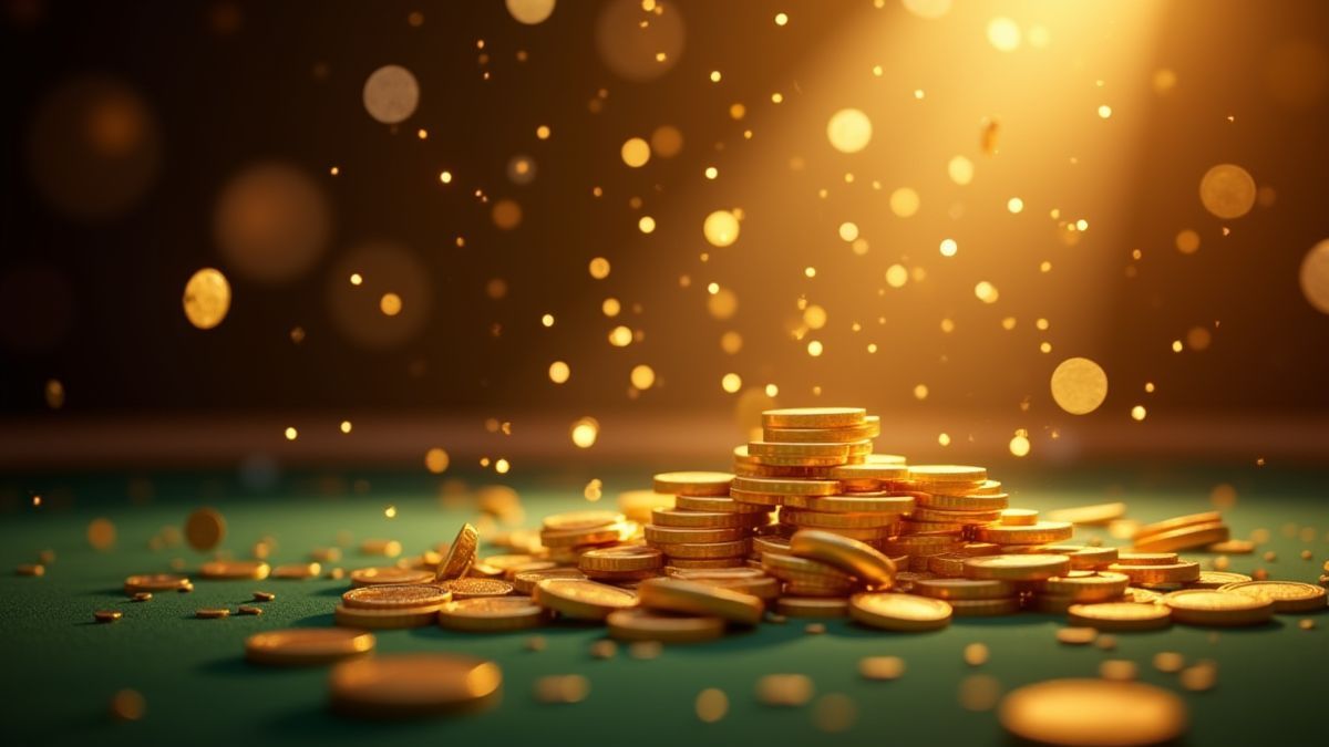 Golden coins scattered on a casino table