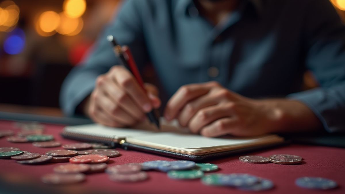 Casino player strategizing with a notebook and coins