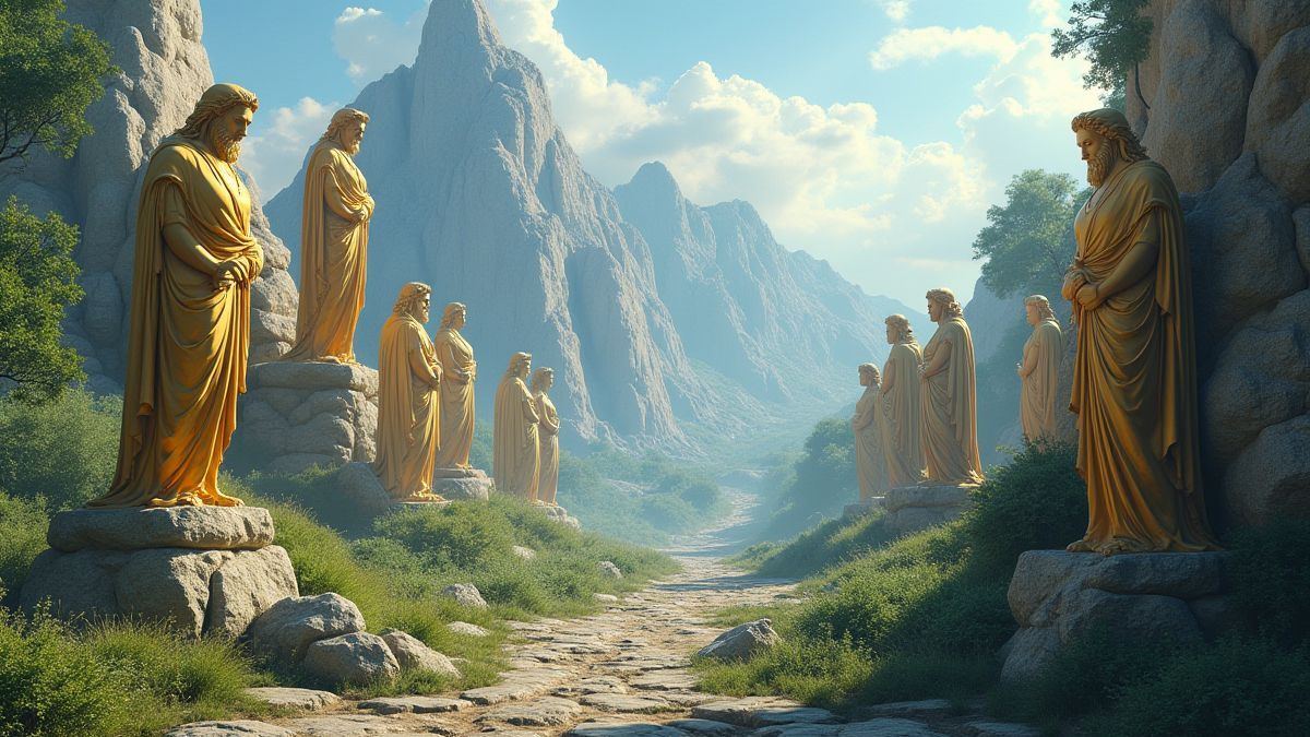 Mont Olympe avec des statues dorées et une végétation luxuriante.
