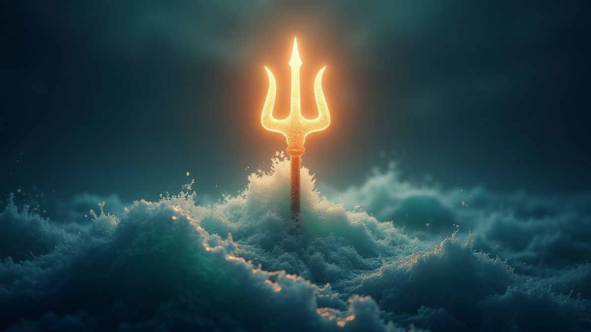 Trident brillant entouré de vagues, symbolisant Poséidon.
