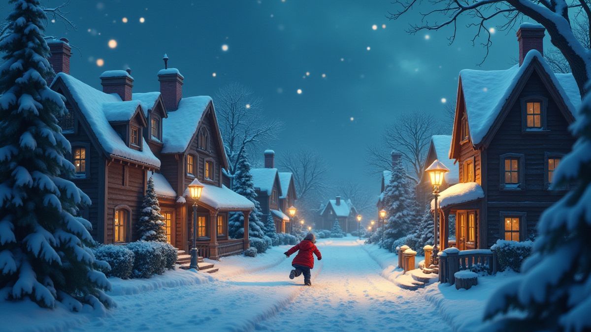 Ein verschneites Dorf mit Weihnachtslichtern und einem schüchternen Dieb.