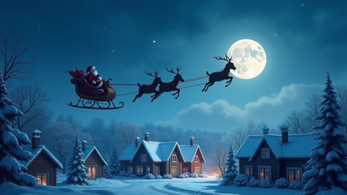 Der Schlitten von Santa, der über schneebedeckte Dächer unter dem Vollmond fliegt.