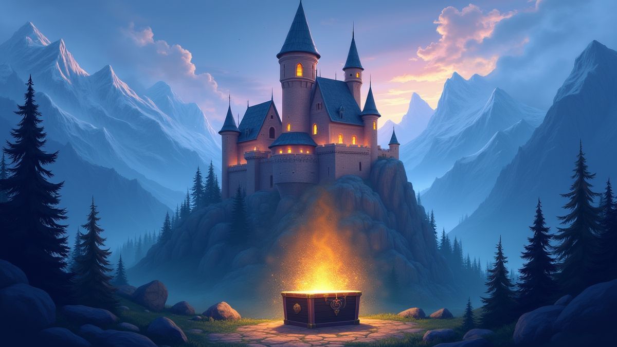 Un château médiéval entouré de montagnes et un coffre au trésor brillant