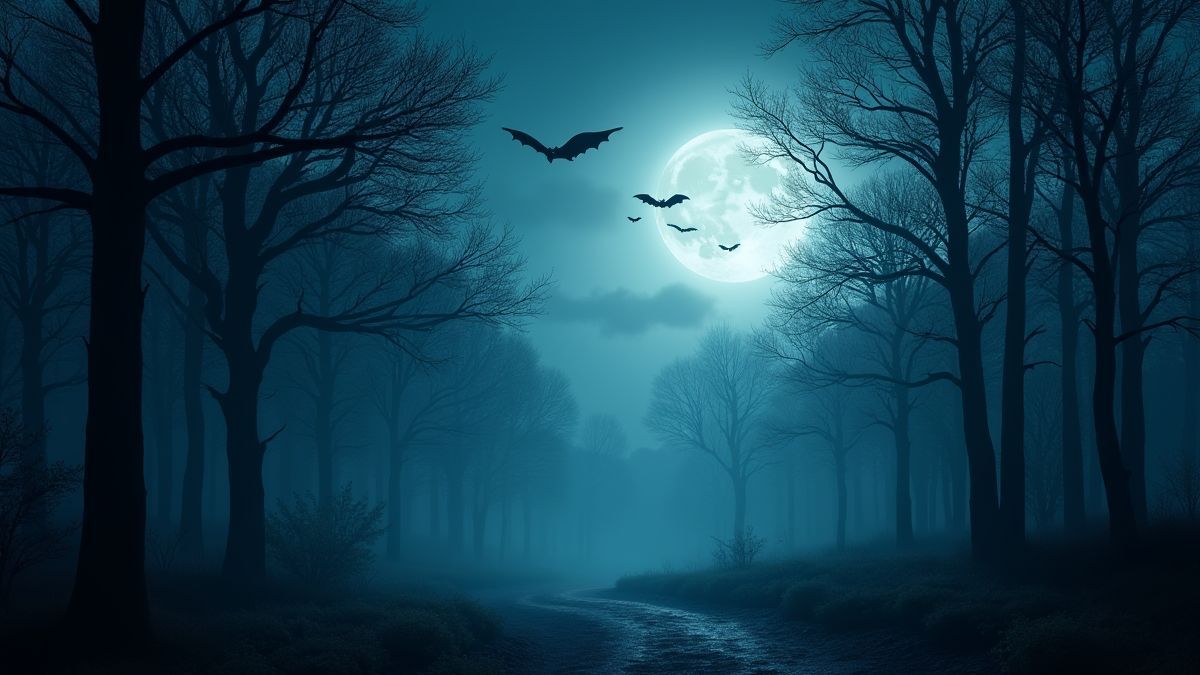 Un bosque gótico iluminado por la luna con murciélagos volando.