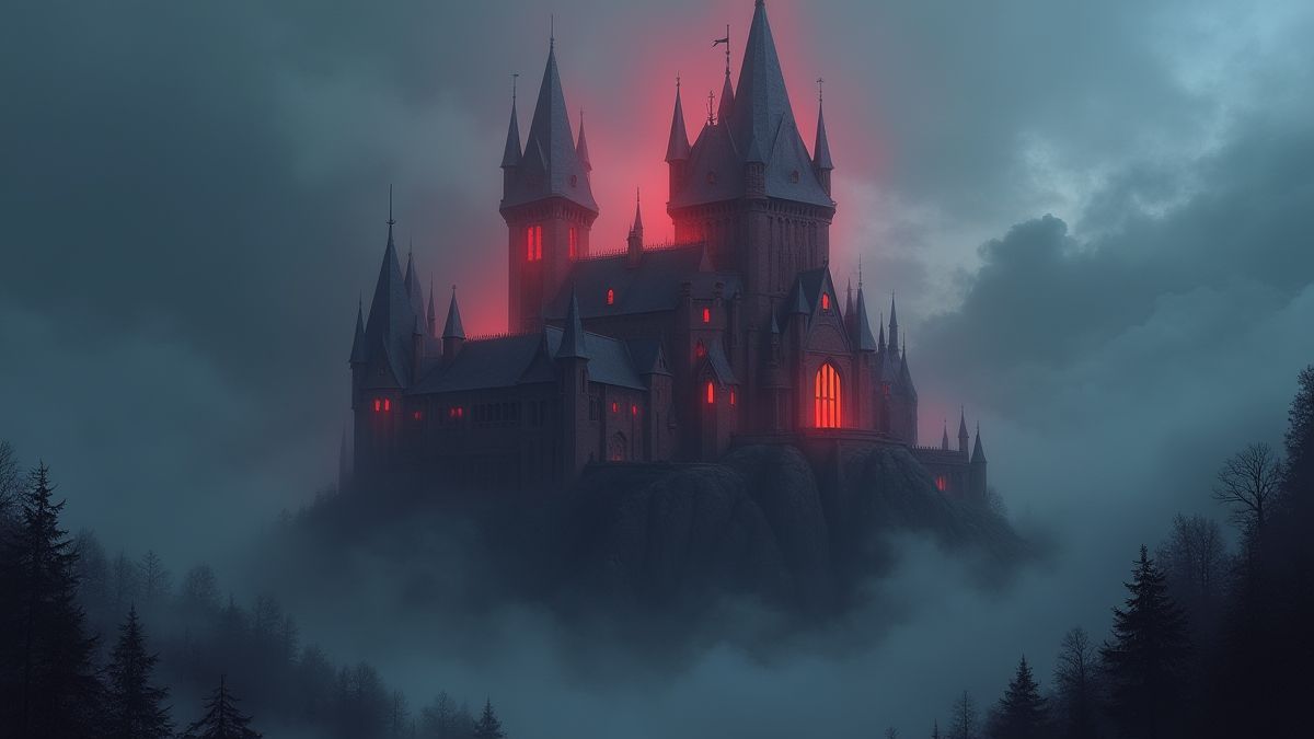 Un castillo gótico rodeado de niebla y luces rojas.