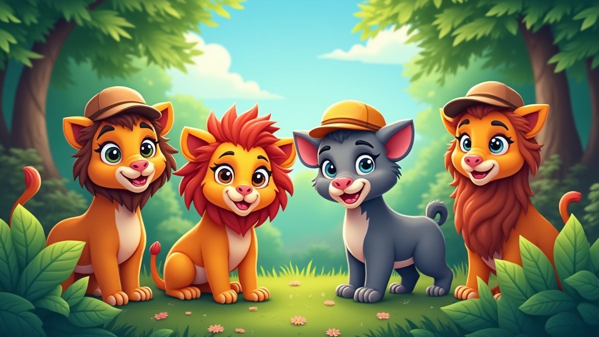 Animais coloridos com acessórios em uma selva animada.