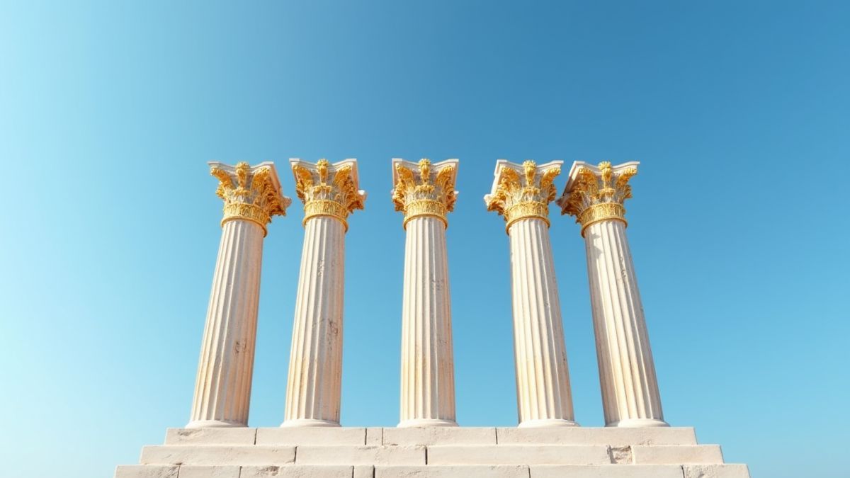 Golden Greek columns under a bright blue sky.