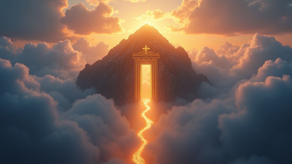 Mount Olympus illuminated with a golden gate surrounded by clouds.