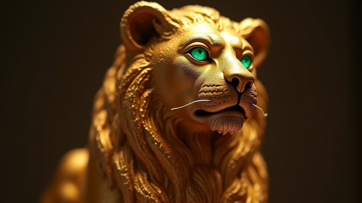 Golden lion statue with emerald eyes.