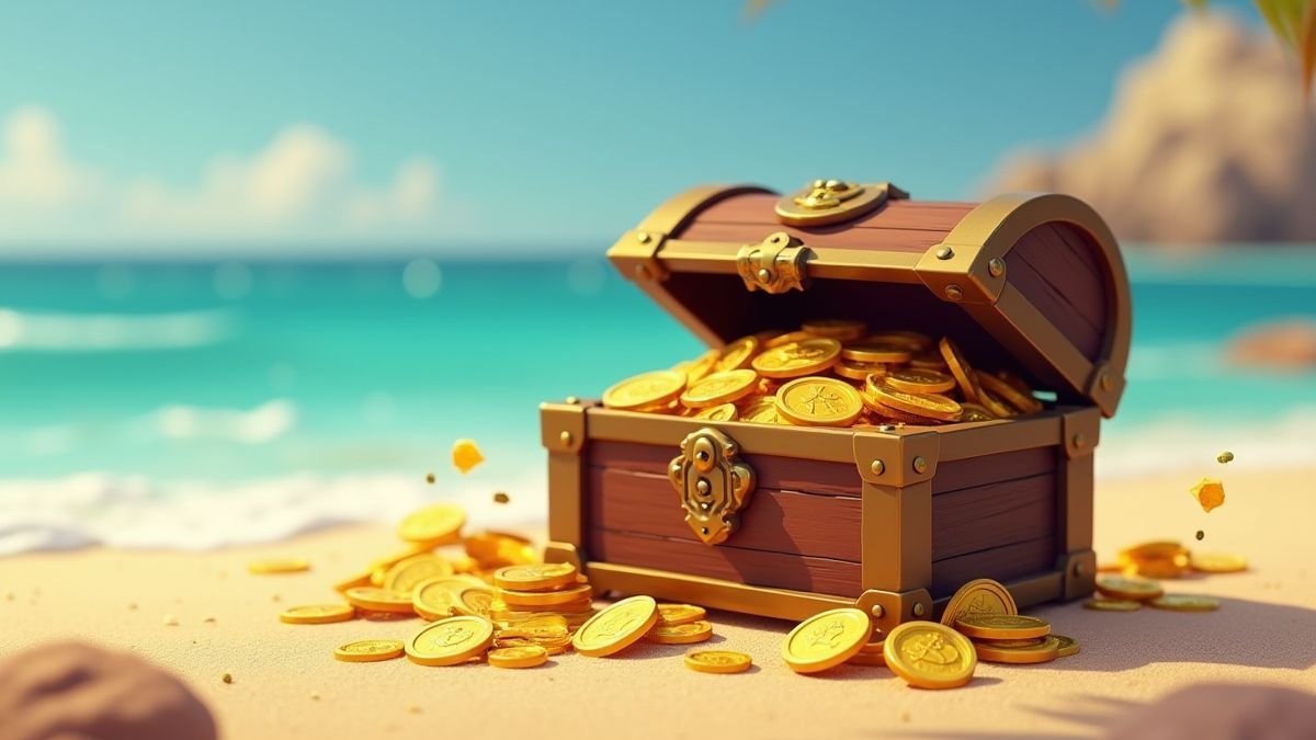 Schatkist vol met gouden munten en edelstenen op een zandstrand.
