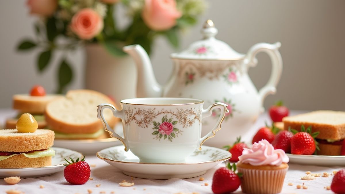 Elegante theeset met snacks en zoetigheden die het thema van Tally Ho vertegenwoordigen.