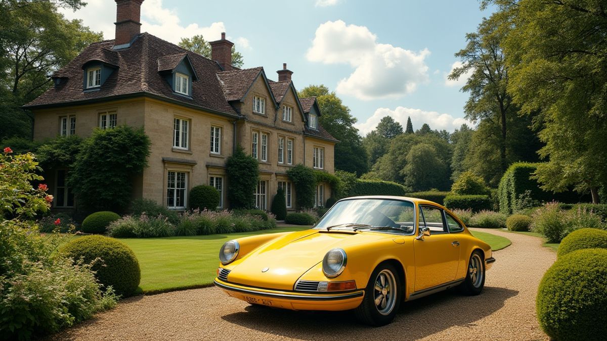 Landhuis omringd door tuinen en een vintage gele auto, thema van de slot Tally Ho.