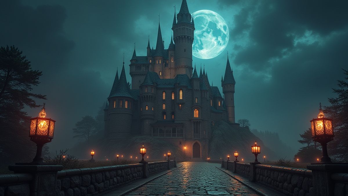 Castillo medieval rodeado de luces místicas y símbolos de tarot.