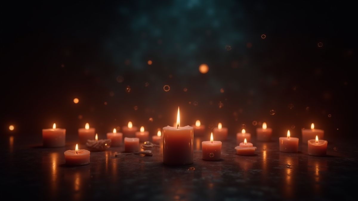 Velas brillantes en una habitación oscura rodeadas de símbolos místicos.