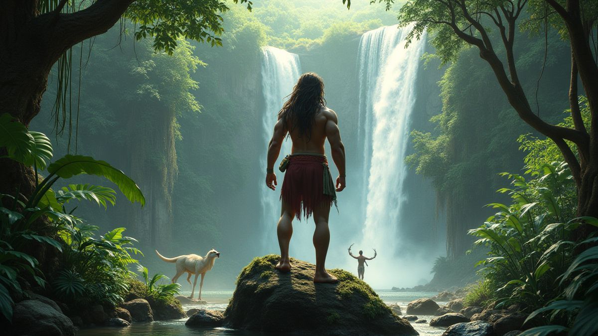 Tarzán en la selva rodeado de plantas exóticas y cascadas.