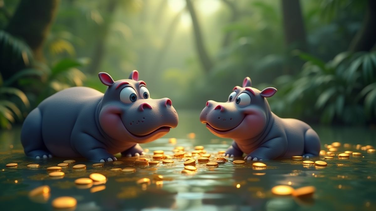 Hipopótamos en un estanque de la selva rodeados de monedas de oro.