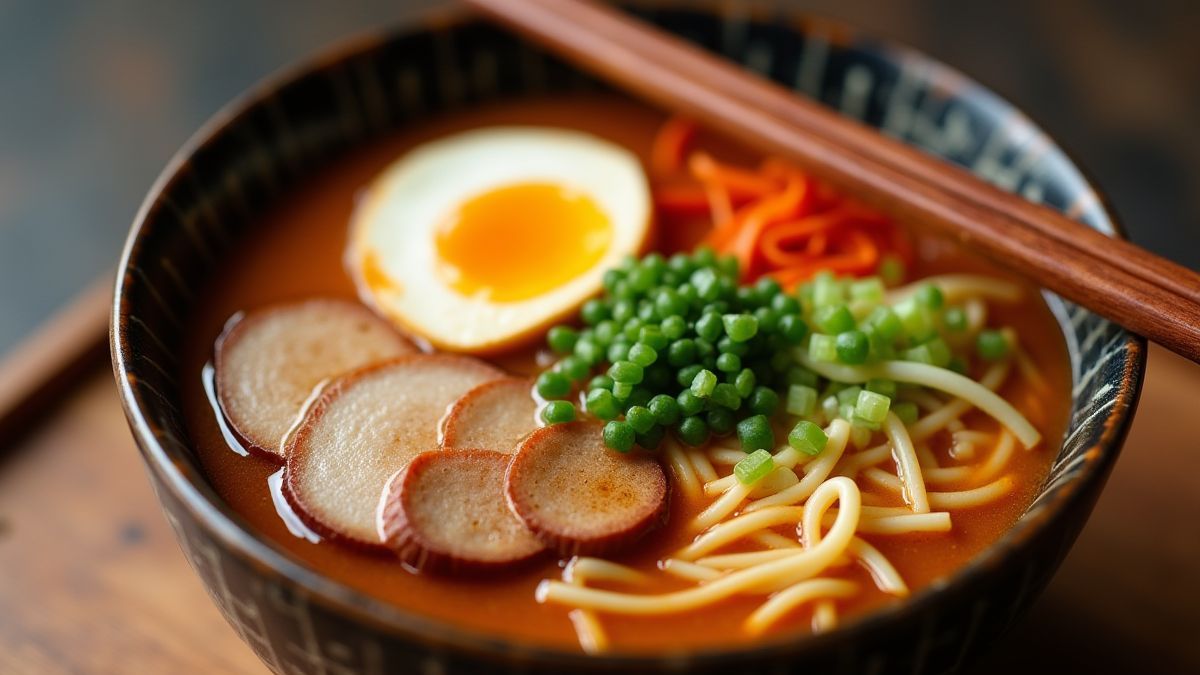 A Japanese ramen bowl with fresh ingredients and chopsticks.