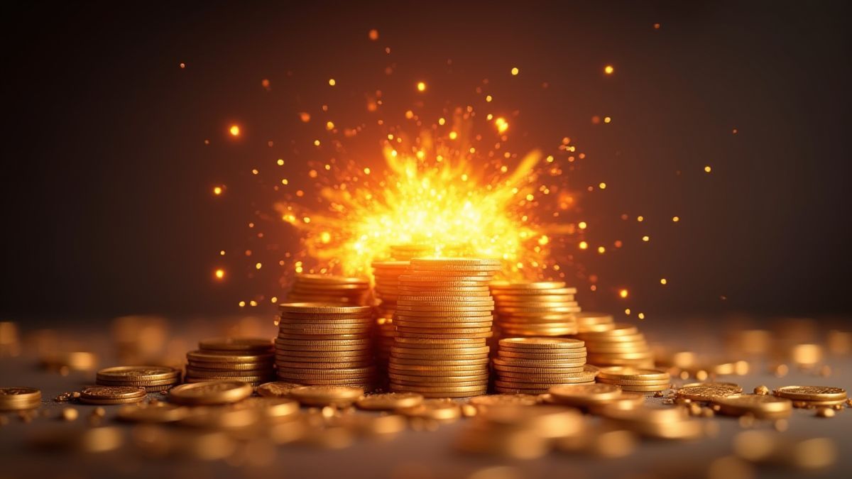 Een stapel munten met een jackpot-explosie.