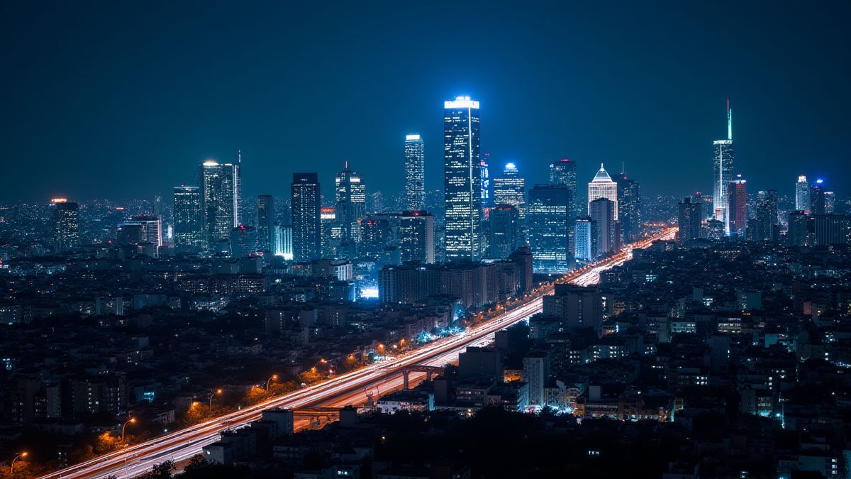 Eine Stadt erleuchtet von Neonlichtern und nächtlichem Verkehr.