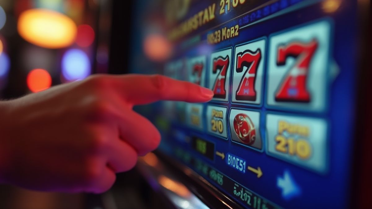 Eine Hand, die den Einsatzbetrag auf einer Spielautomaten-Oberfläche auswählt.